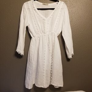 Valentina Naldi L Dress Linen Lace Trim White Knee Length Boho Lagenlook Coastal